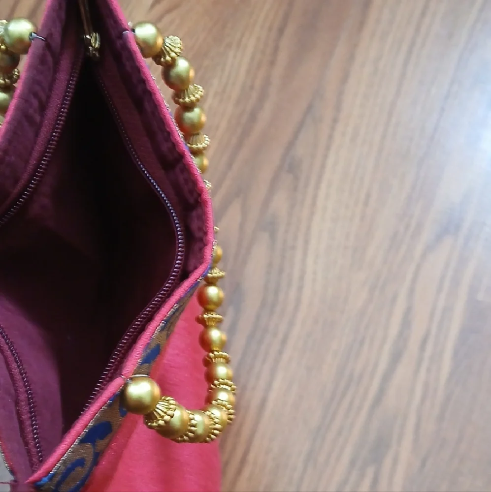 Unbranded Potli Evening Bag Womens Small‎ Pink Gold Beaded Silk Brocade Ethnic